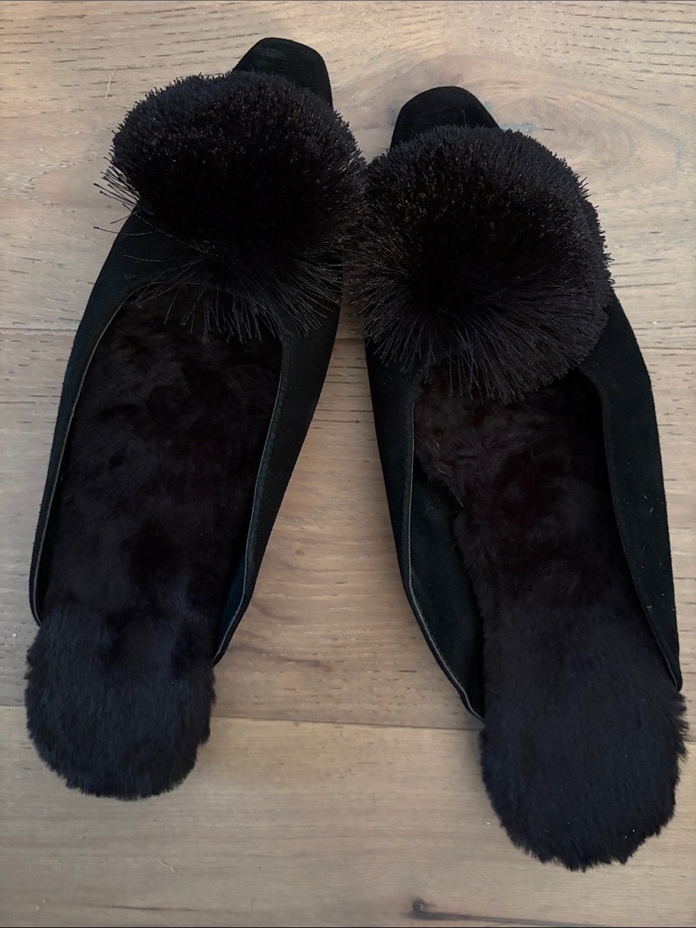 Chico's Black Pom-Pom Fur Slide Mules